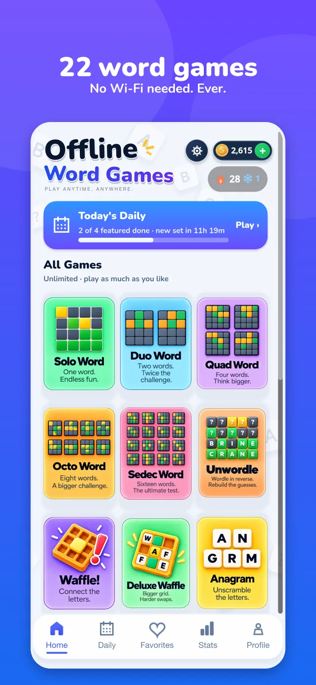 Home screen with all 22 games
